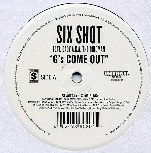 Six Shot* Feat. Baby (2) A.K.A. The Birdman* : G's Come Out (12")