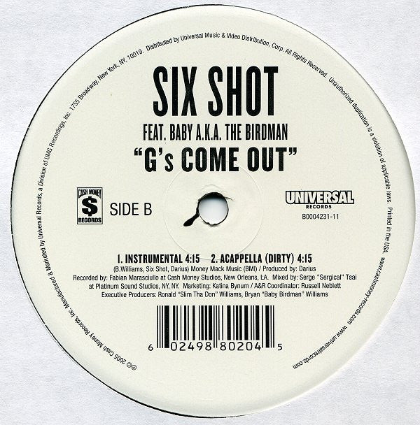 Six Shot* Feat. Baby (2) A.K.A. The Birdman* : G's Come Out (12")