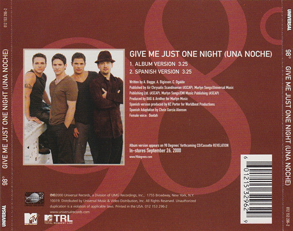 98°* : Give Me Just One Night (Una Noche) (CD, Single, Ltd)