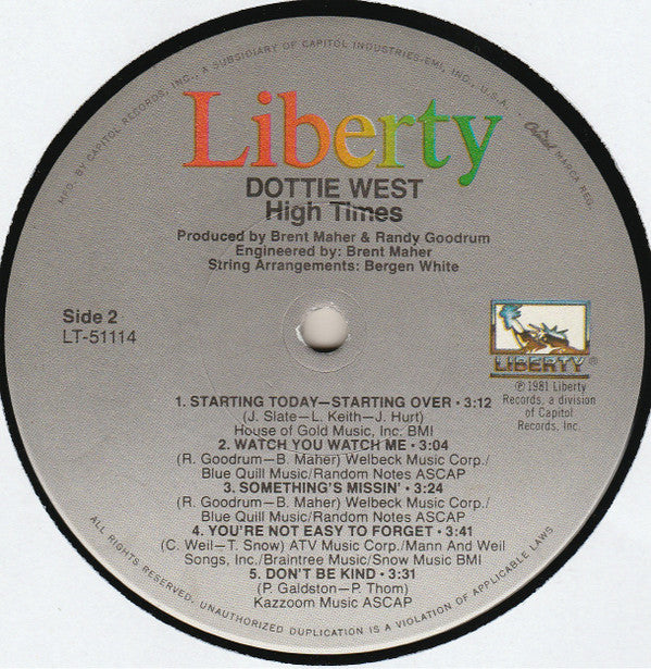 Dottie West : High Times (LP, Album, Win)