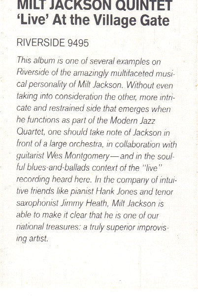 Milt Jackson Quintet : 'Live' At The Village Gate (Cass, Album, RE, RM)