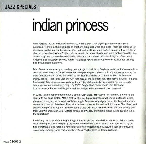 Anca Parghel Feat. Klaus Ignatzek Trio : Indian Princess (CD, Album)