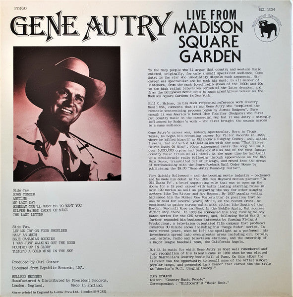 Gene Autry : Live From Madison Square Garden (LP)