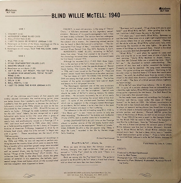 Blind Willie McTell : Blind Willie McTell: 1940  The Legendary Library Of Congress Session (LP, Album, Mono)