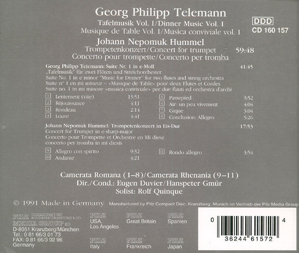 Georg Philipp Telemann / Johann Nepomuk Hummel : Tafelmusik Vol. I / Trompetenkonzert (CD, Comp, RE)