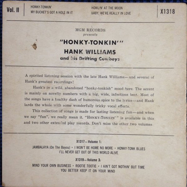 Hank Williams : Honky-Tonkin' (Vol. II) (7", EP)