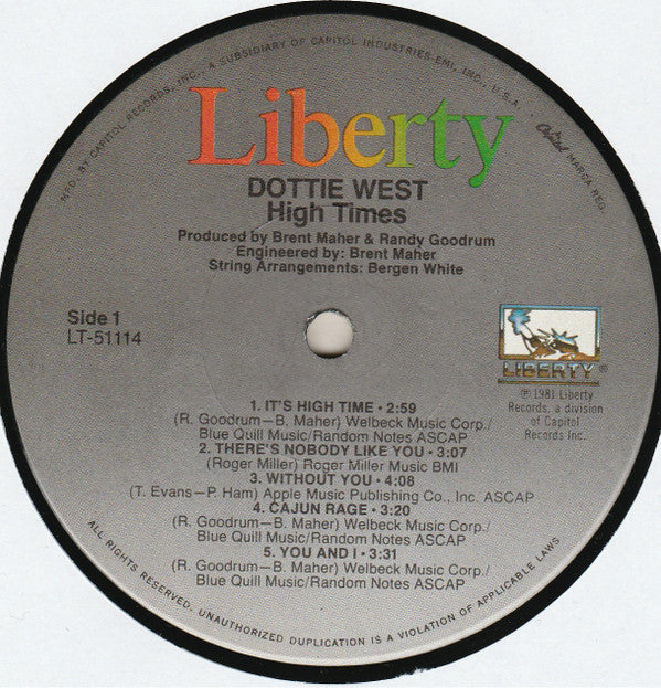 Dottie West : High Times (LP, Album, Win)