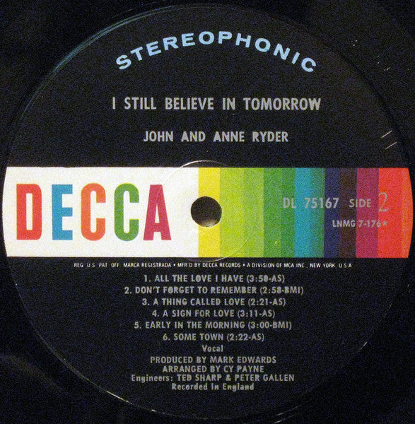 John & Anne Ryder : I Still Believe In Tomorrow (LP, Album)