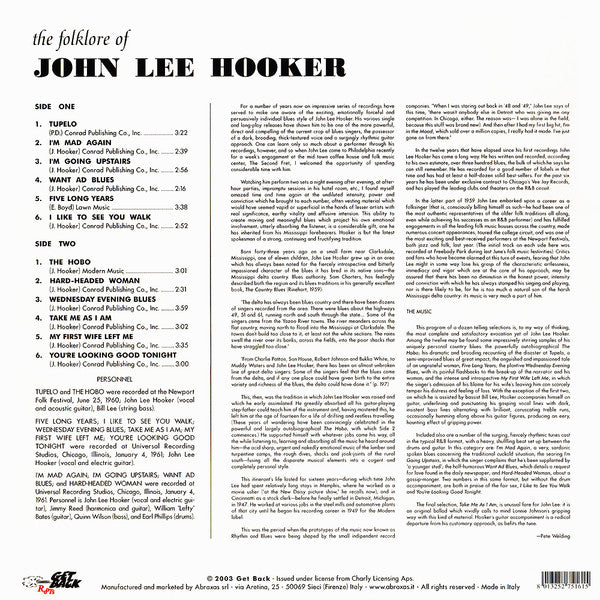 John Lee Hooker : The Folklore Of John Lee Hooker (LP, Album, RE, 180)