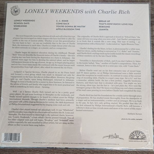 Charlie Rich : Lonely Weekends (LP, Album, Mono, RE, RM)
