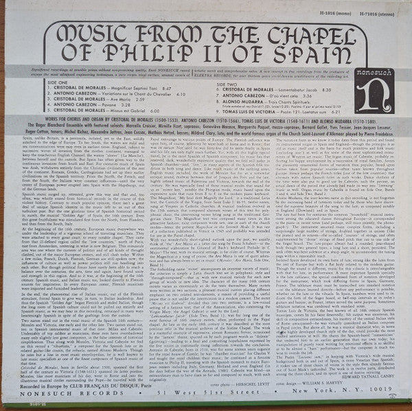 The Roger Blanchard Ensemble* With Featured Soloists*, Pierre Froidebise : Music From The Chapel Of Philip II Of Spain (LP, RE)