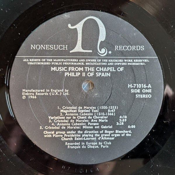 The Roger Blanchard Ensemble* With Featured Soloists*, Pierre Froidebise : Music From The Chapel Of Philip II Of Spain (LP, RE)
