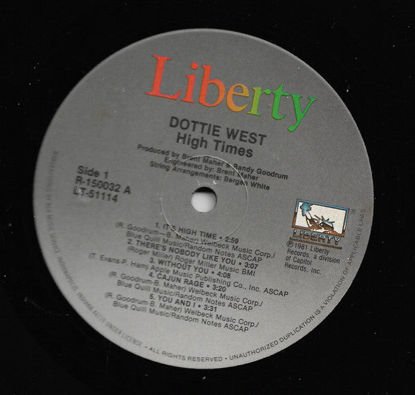 Dottie West : High Times (LP, Album, Club, Ind)