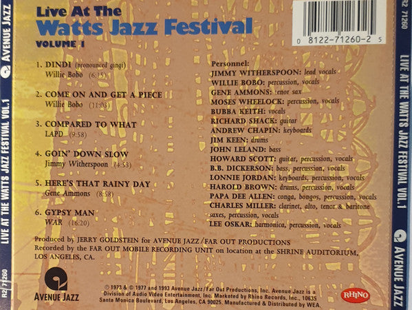 Willie Bobo / LAPD (2) / Jimmy Witherspoon / Gene Ammons, War : Live At The Watts Jazz Festival - Volume 1 (CD, Album)
