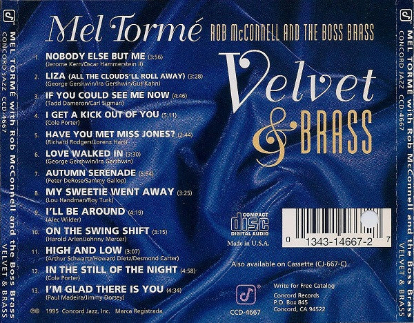 Mel Tormé With Rob McConnell & The Boss Brass : Velvet & Brass (CD, Album, Promo)