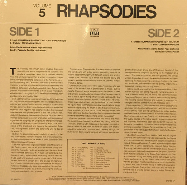 Arthur Fiedler And Boston Pops Orchestra : Great Moments Of Music Volume 5: Rhapsodies (LP, Comp)