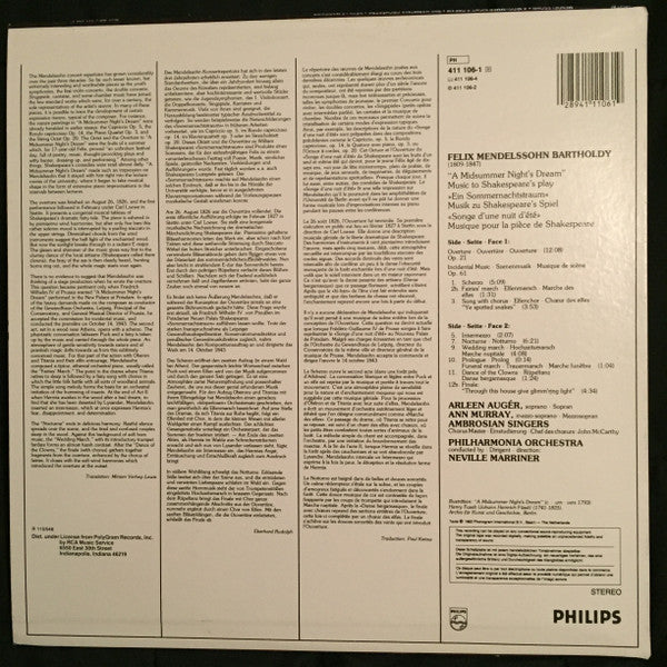 Mendelssohn*, Arleen Auger, Ann Murray, The Ambrosian Singers, Philharmonia Orchestra, Neville Marriner* : A Midsummer Night's Dream (Complete) (LP, Club)