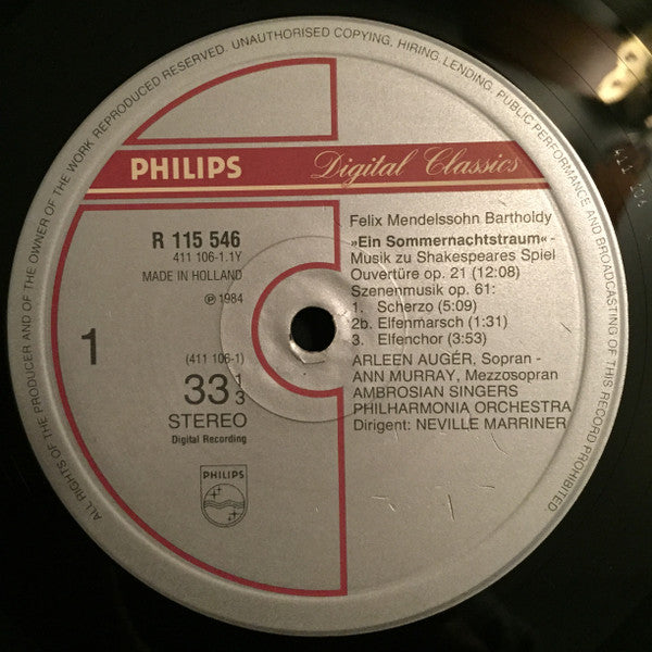 Mendelssohn*, Arleen Auger, Ann Murray, The Ambrosian Singers, Philharmonia Orchestra, Neville Marriner* : A Midsummer Night's Dream (Complete) (LP, Club)