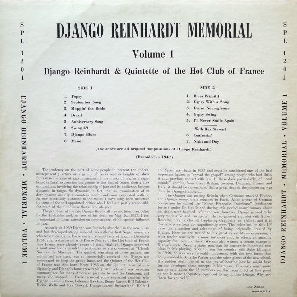 Django Reinhardt : Memorial Album Volume 1 (LP, Comp, Mono, RP)
