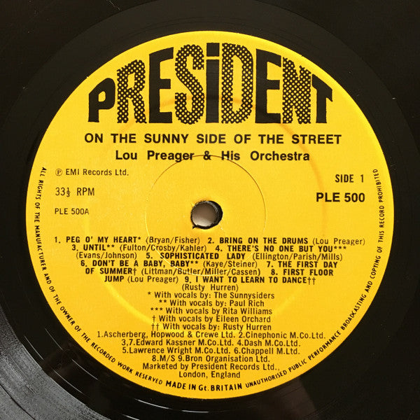 Lou Preager & His Orchestra : On The Sunny Side Of The Street (LP, Comp)